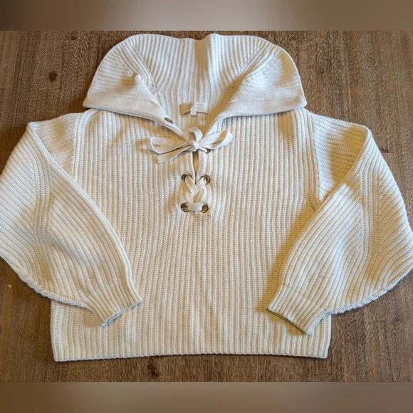SEZANE Peter Laced Merino Blend Ribbed Flip Collar Jumper in Ecru Size S - Picture 5 of 15